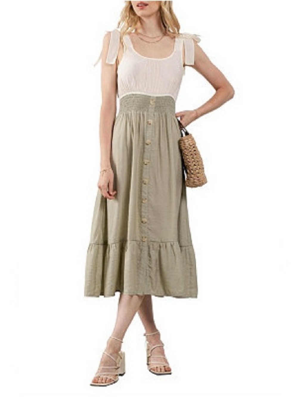 Blu Pepper Asymmetrical White and Green Resort Midi Dress size M NWOT